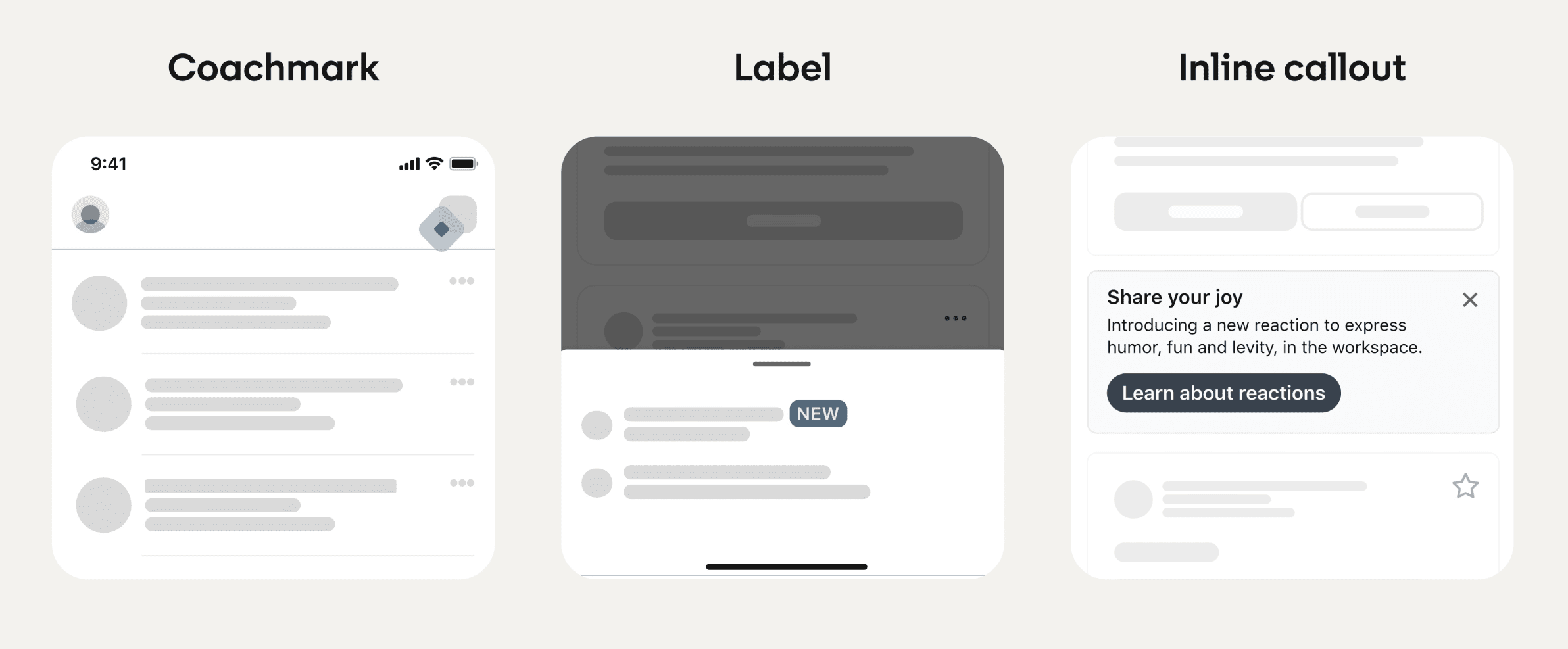 displaying three components: Coachmark, inline callout and a new tag.